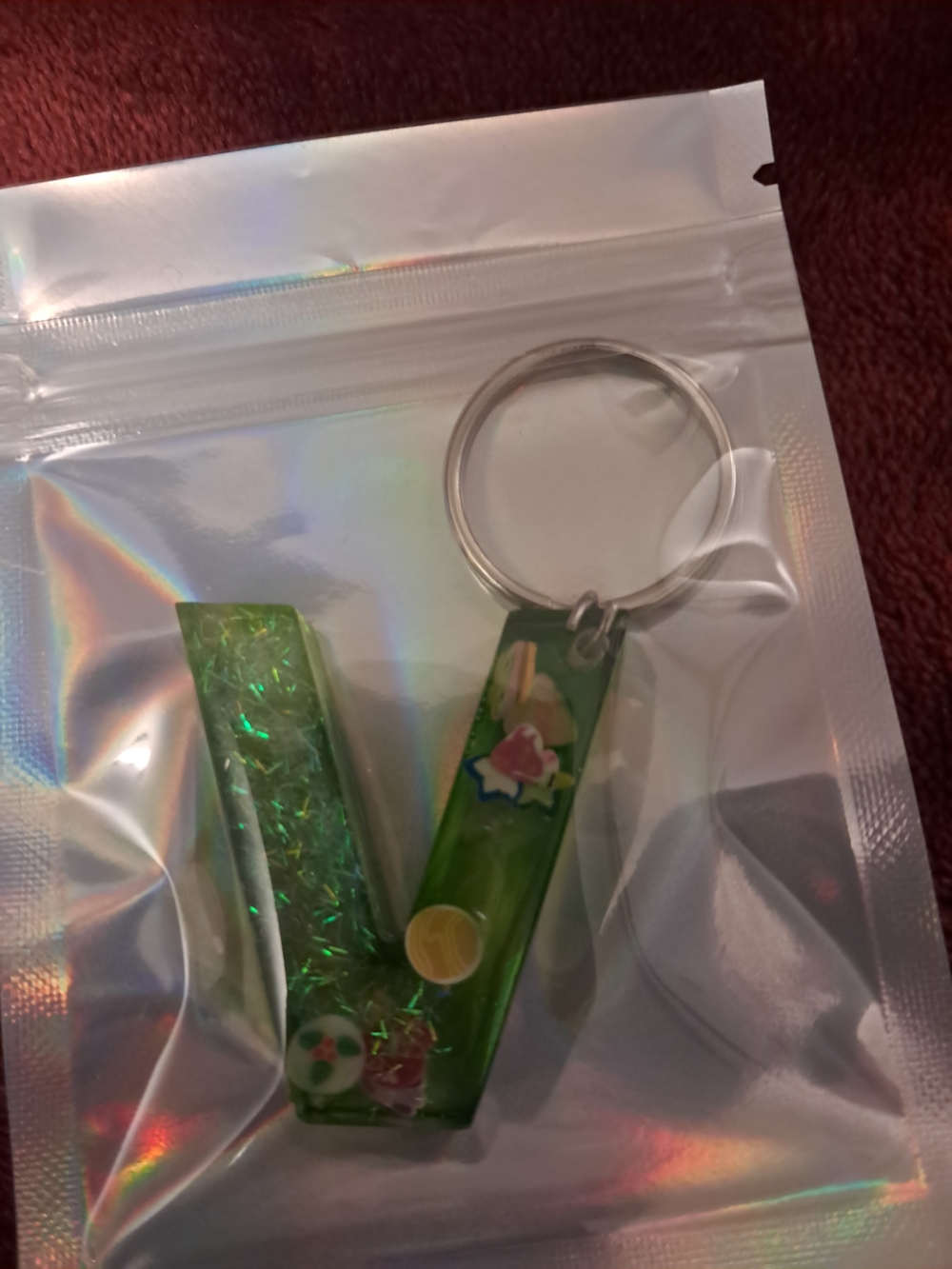 Green Resin Letter V Keychain